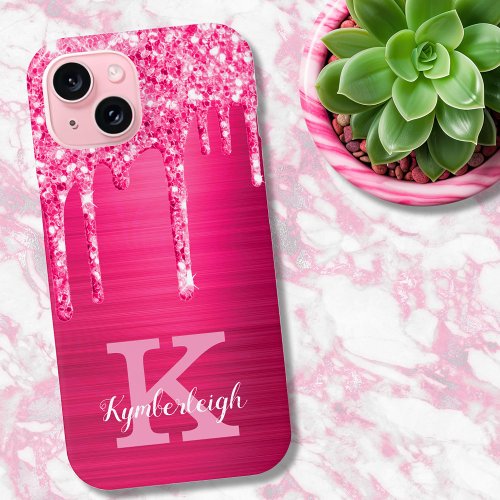 Girly Hot Pink Glitter Drips Glam Monogram Name iPhone 15 Case