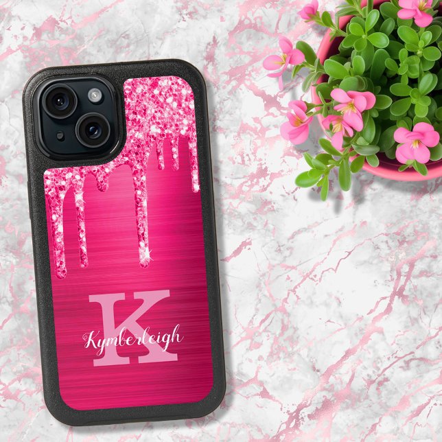 Girly Hot Pink Glitter Drips Glam Monogram Name iPhone 15 Case (Creator Uploaded)
