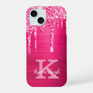 Girly Hot Pink Glitter Drips Glam Monogram Name iPhone 15 Case