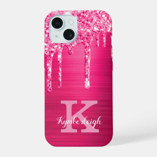 Girly Hot Pink Glitter Drips Glam Monogram Name iPhone 15 Case