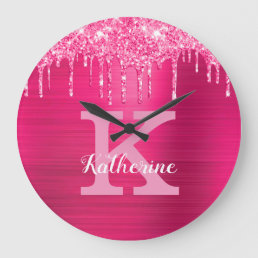 Girly Hot Pink Glitter Drips Glam Monogram Name Large Clock