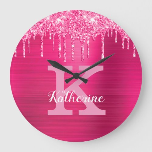 Girly Hot Pink Glitter Drips Glam Monogram Name Large Clock