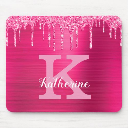 Girly Hot Pink Glitter Drips Glam Monogram Name Mouse Pad