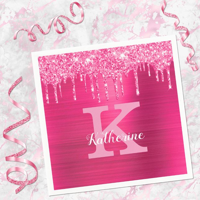 Girly Hot Pink Glitter Drips Glam Monogram Name Napkins (Creator Uploaded)