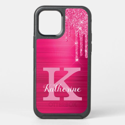 Girly Hot Pink Glitter Drips Glam Monogram Name OtterBox Symmetry iPhone 12 Case