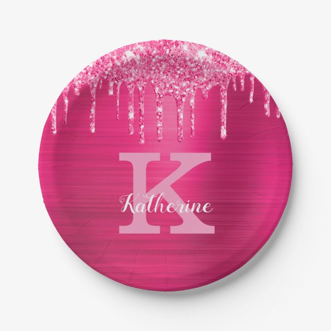 Girly Hot Pink Glitter Drips Glam Monogram Name Paper Plates (Front)