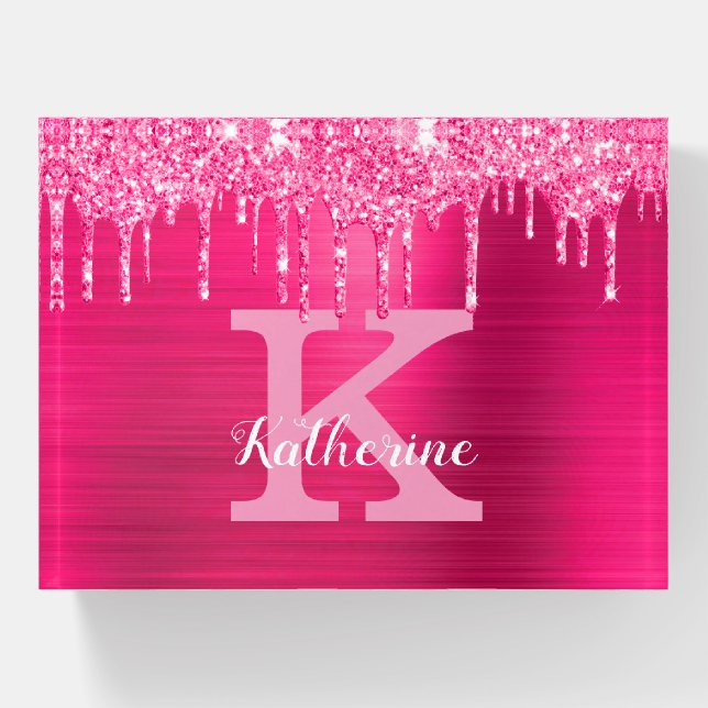 Girly Hot Pink Glitter Drips Glam Monogram Name Paperweight (Front)