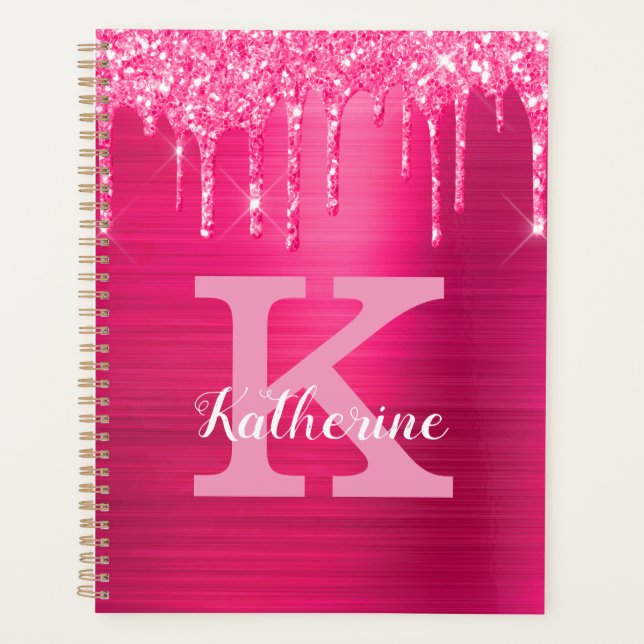 Girly Hot Pink Glitter Drips Glam Monogram Name Planner (Front)