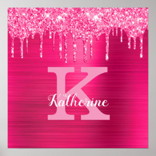 Girly Hot Pink Glitter Drips Glam Monogram Name Poster