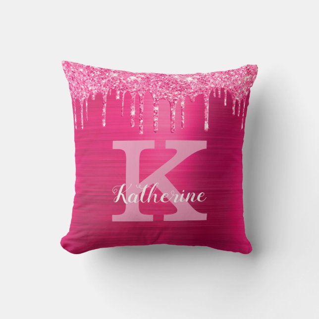 Girly Hot Pink Glitter Drips Glam Monogram Name Throw Pillow (Front)