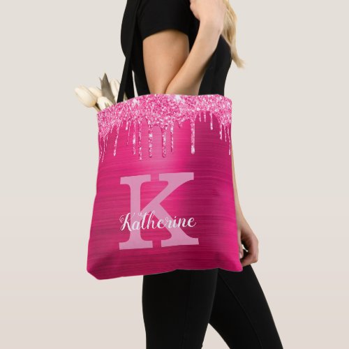 Girly Hot Pink Glitter Drips Glam Monogram Name  Tote Bag