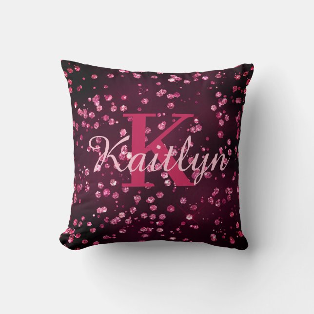 Girly Hot Pink Glitter Glam Monogram Script Throw Pillow (Front)