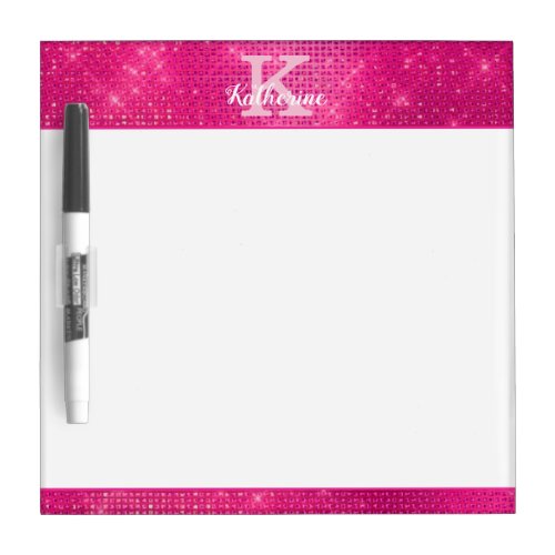 Girly Hot Pink Glitter Glam Sparkle Monogram Name Dry Erase Board