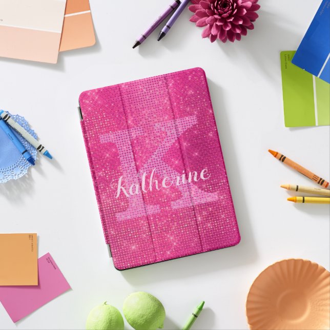 Girly Hot Pink Glitter Glam Sparkle Monogram Name iPad Air Cover (In Situ)