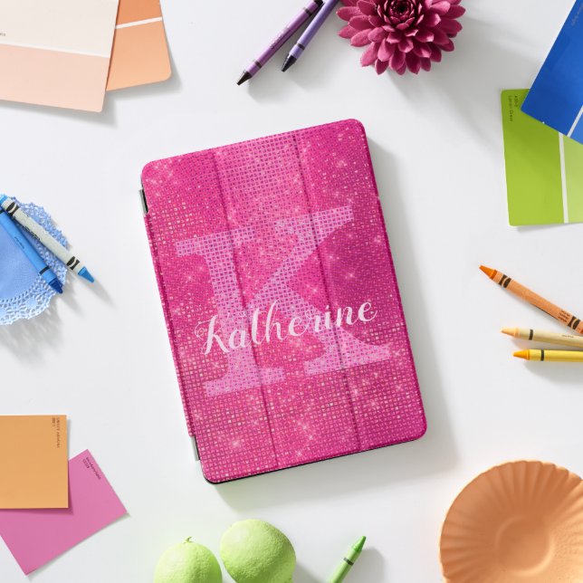 Girly Hot Pink Glitter Glam Sparkle Monogram Name iPad Pro Cover (Desk)