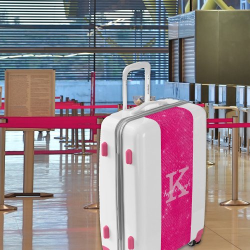 Girly Hot Pink Glitter Glam Sparkle Monogram Name Luggage