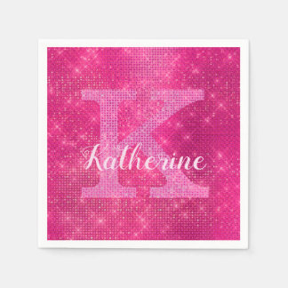 Girly Hot Pink Glitter Glam Sparkle Monogram Name Napkins