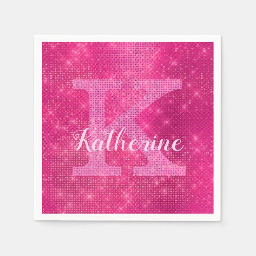 Girly Hot Pink Glitter Glam Sparkle Monogram Name Napkins