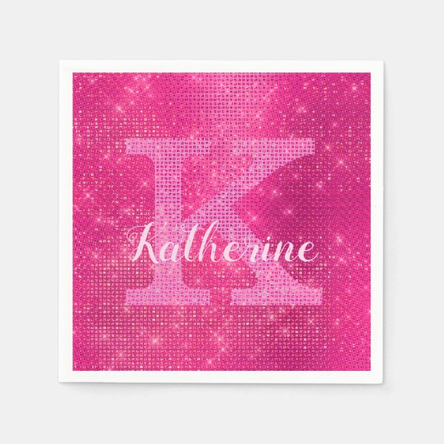Girly Hot Pink Glitter Glam Sparkle Monogram Name Napkins (Front)