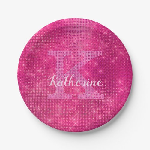 Girly Hot Pink Glitter Glam Sparkle Monogram Name Paper Plates