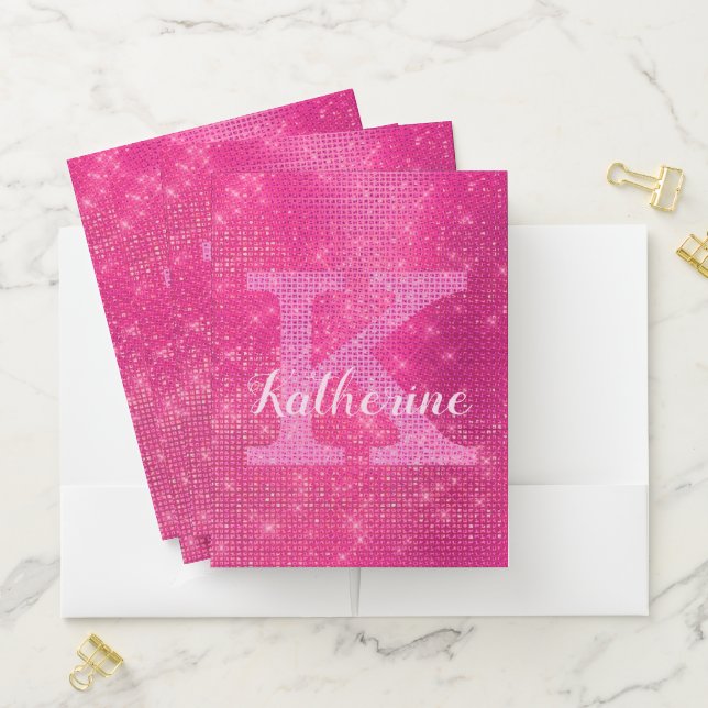 Girly Hot Pink Glitter Glam Sparkle Monogram Name Pocket Folder (In Situ)