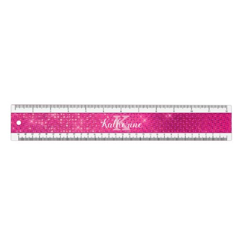Girly Hot Pink Glitter Glam Sparkle Monogram Name Ruler