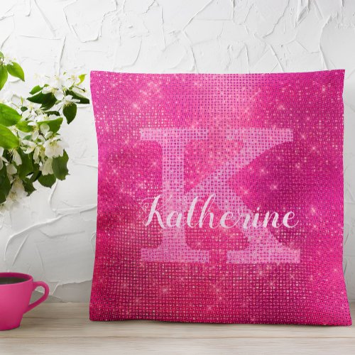 Girly Hot Pink Glitter Glam Sparkle Monogram Name Throw Pillow