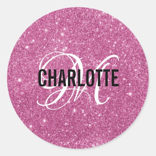 Girly Hot Pink Glitter Monogram Name Classic Round Sticker
