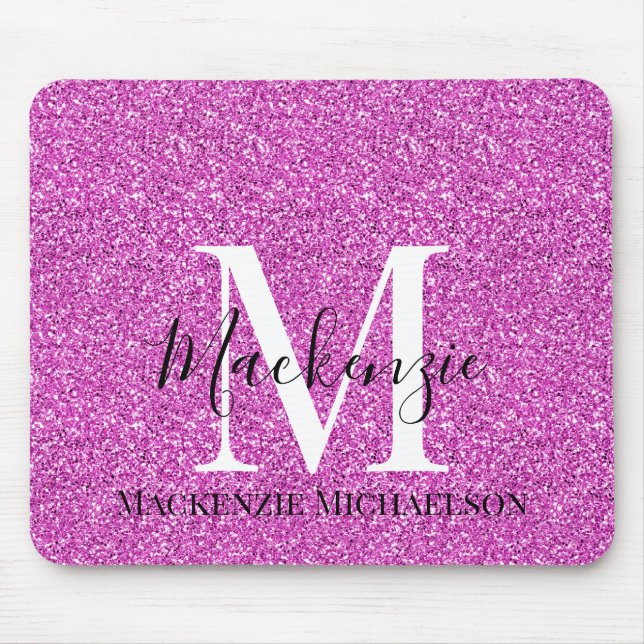 Girly Hot Pink Glitter Monogram Name   Mouse Pad (Front)
