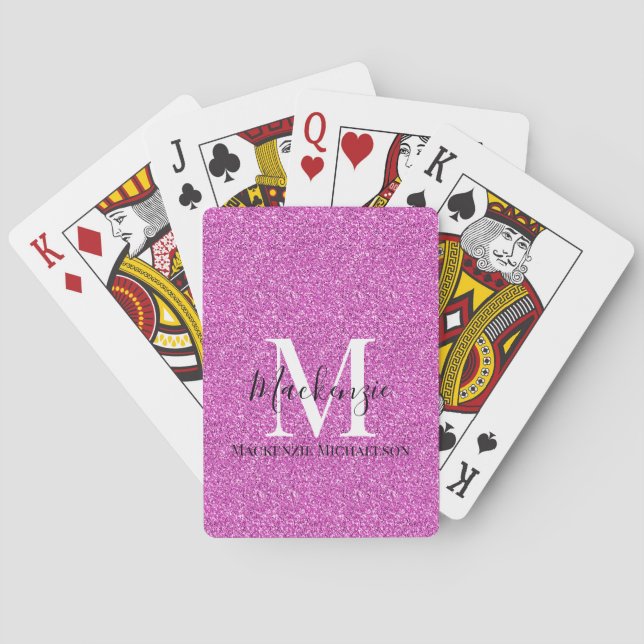 Girly Hot Pink Glitter Monogram Name Poker Cards (Back)