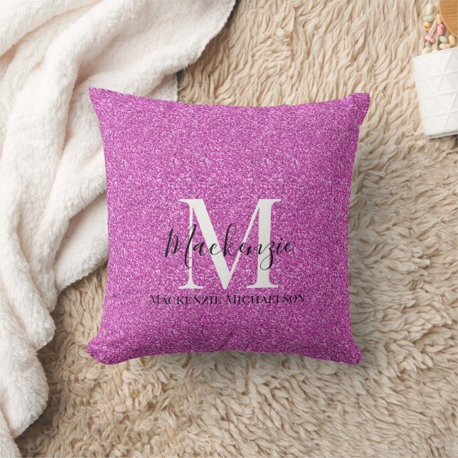 Girly Hot Pink Glitter Monogram Name   Throw Pillow (Blanket)