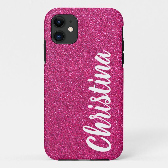 Girly Hot Pink Glitter Name Personalized Case-Mate iPhone Case (Back)