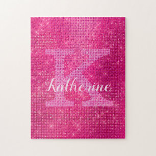Girly Hot Pink Glitter Sparkle Bling Monogram Name Jigsaw Puzzle