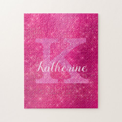 Girly Hot Pink Glitter Sparkle Bling Monogram Name Jigsaw Puzzle