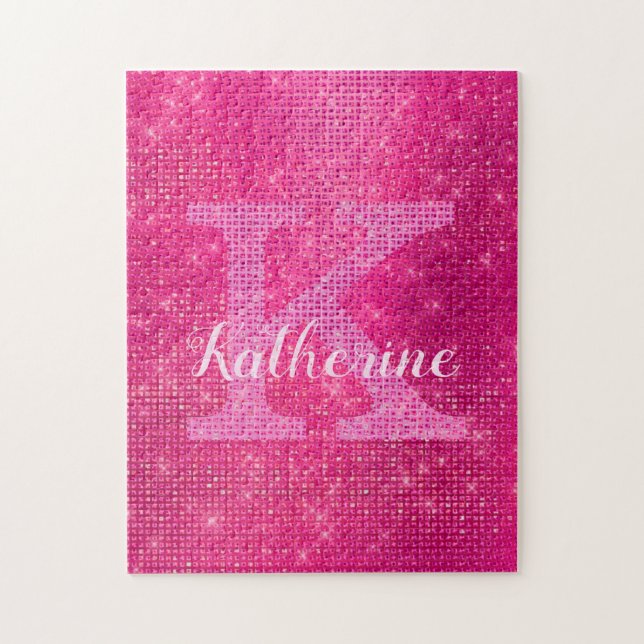 Girly Hot Pink Glitter Sparkle Bling Monogram Name Jigsaw Puzzle (Vertical)