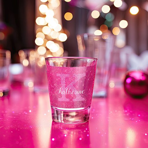 Girly Hot Pink Glitter Sparkle Fun Monogram Name Shot Glass