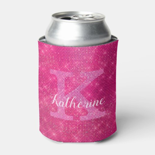 Girly Hot Pink Glitter Sparkle Glam Monogram Name Can Cooler