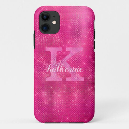 Girly Hot Pink Glitter Sparkle Glam Monogram Name iPhone 11 Case