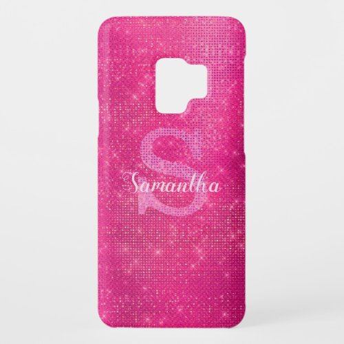 Girly Hot Pink Glitter Sparkle Glam Monogram Name Case_Mate Samsung Galaxy S9 Case