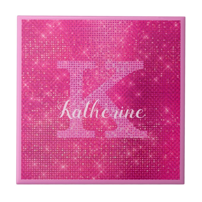 Girly Hot Pink Glitter Sparkle Glam Monogram Name Ceramic Tile (Front)