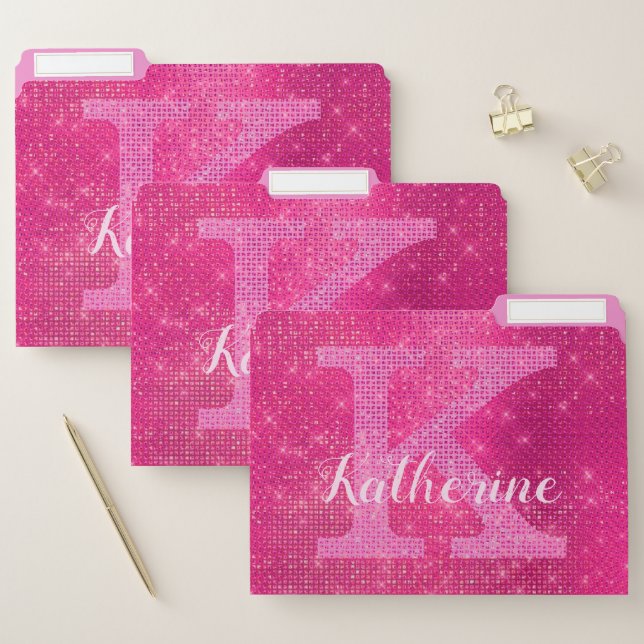 Girly Hot Pink Glitter Sparkle Glam Monogram Name File Folder (Set)