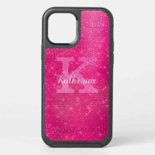 Girly Hot Pink Glitter Sparkle Glam Monogram Name OtterBox Symmetry iPhone 12 Case