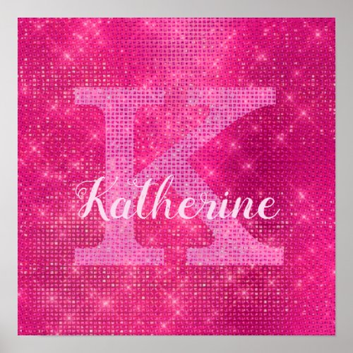 Girly Hot Pink Glitter Sparkle Glam Monogram Name Poster