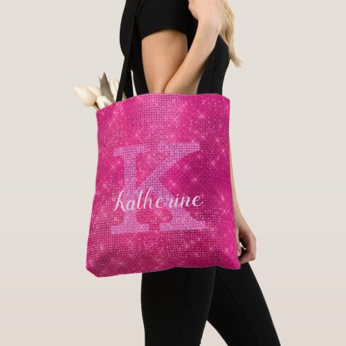 Girly Hot Pink Glitter Sparkle Glam Monogram Name Tote Bag