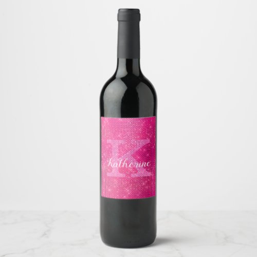 Girly Hot Pink Glitter Sparkle Glam Monogram Name Wine Label