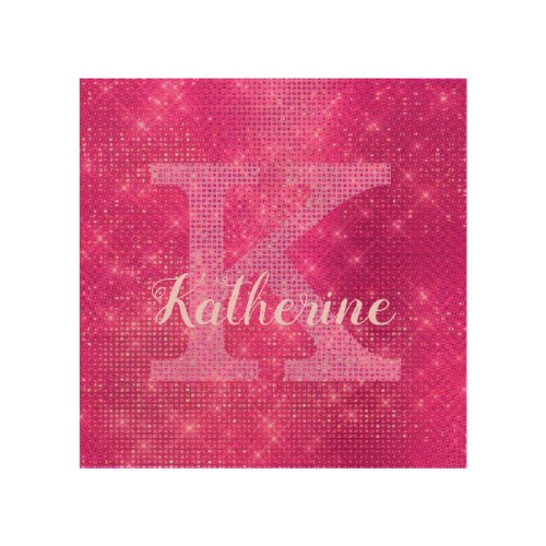 Girly Hot Pink Glitter Sparkle Glam Monogram Name Wood Wall Art