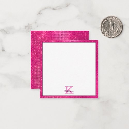 Girly Hot Pink Glitter Sparkle Monogram Name Note Card