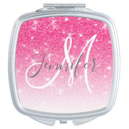 Girly Hot Pink Glitter Sparkles Monogram Name Compact Mirror