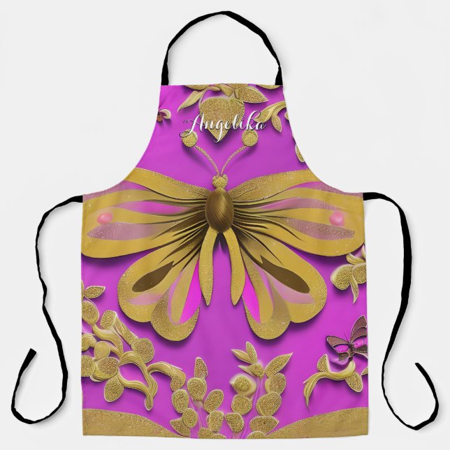 Girly Hot Pink Gold Butterfly Personalized Name Apron (Front)