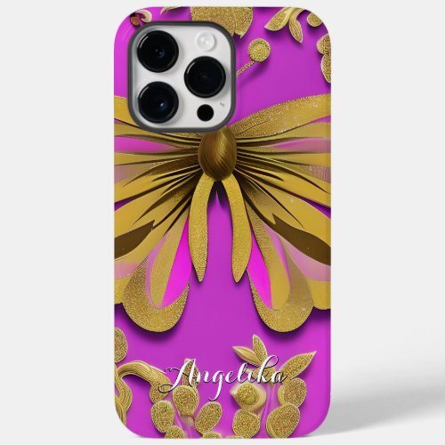 Girly Hot Pink Gold Butterfly Personalized Name Case_Mate iPhone 14 Pro Max Case